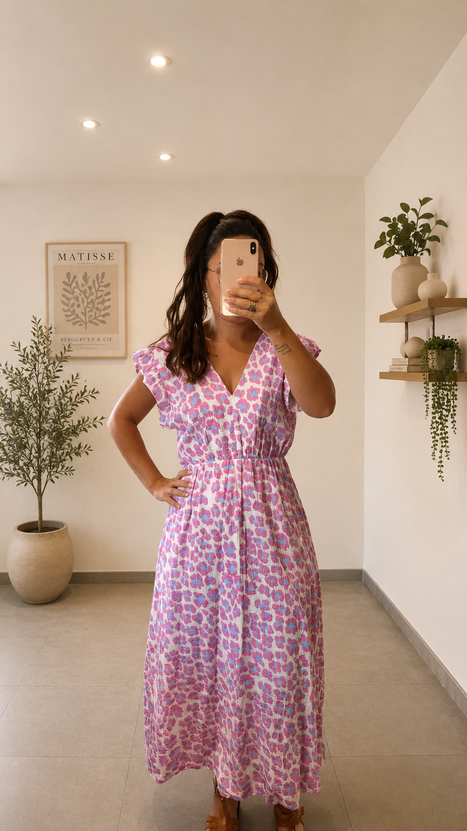 Robe longue léopard gaze de coton lilas