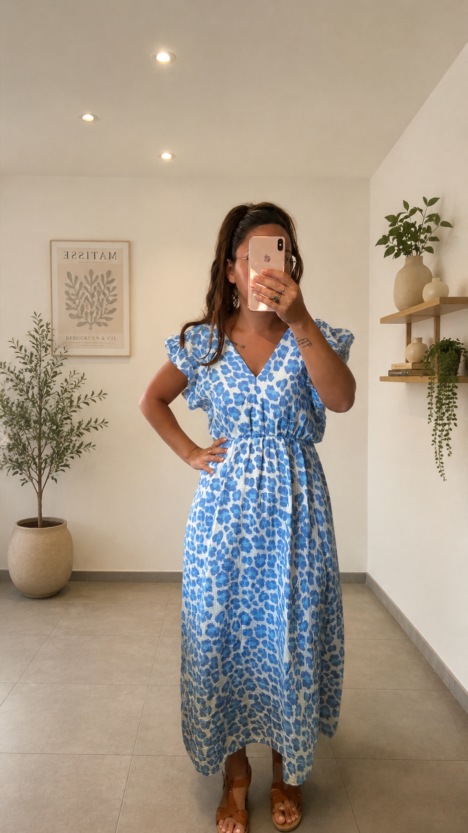 Robe longue léopard gaze de coton bleu