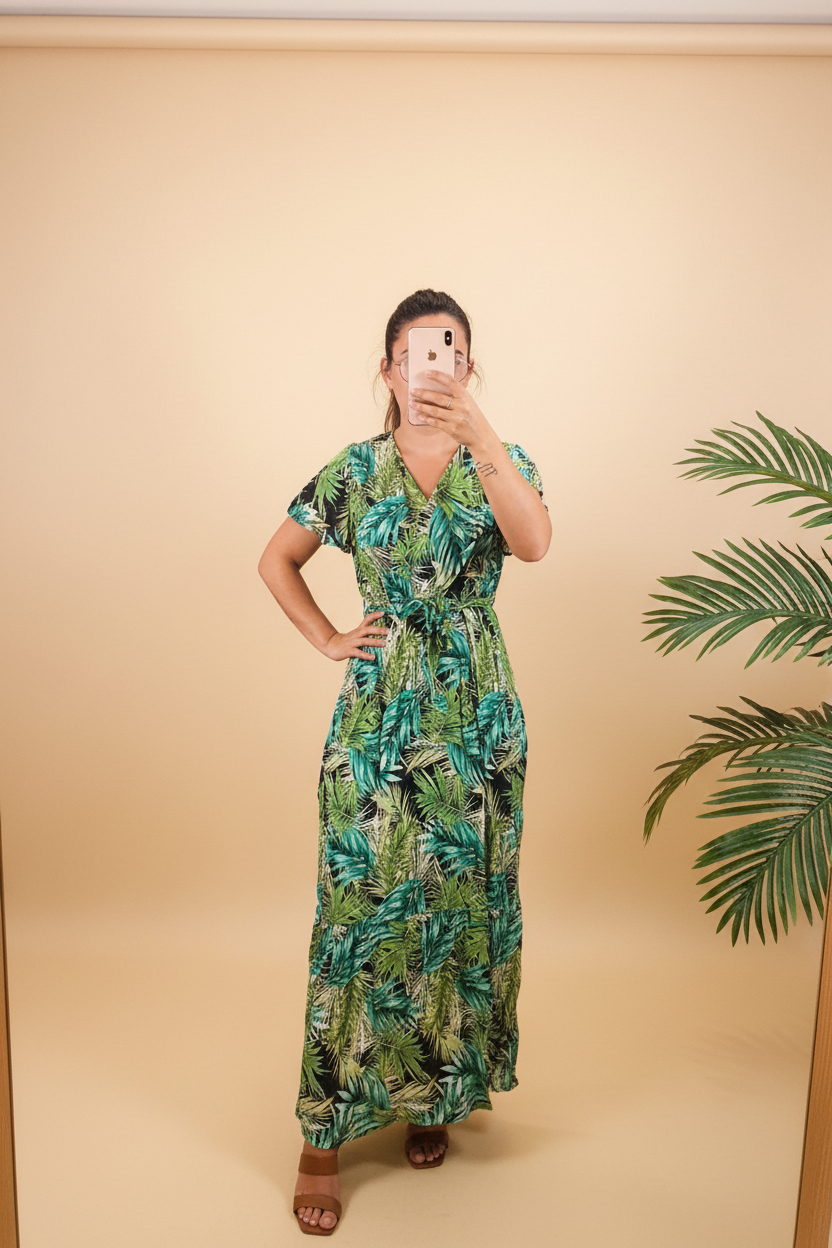 Robe longue tropical vert