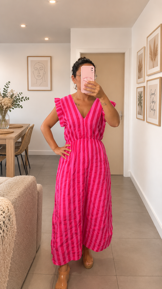 Robe longue rayure rose