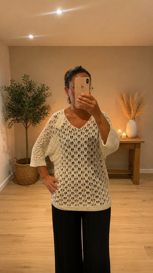 Pull maille ajourée col V Beige
