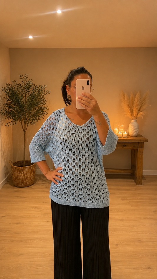 Pull maille ajourée bleu