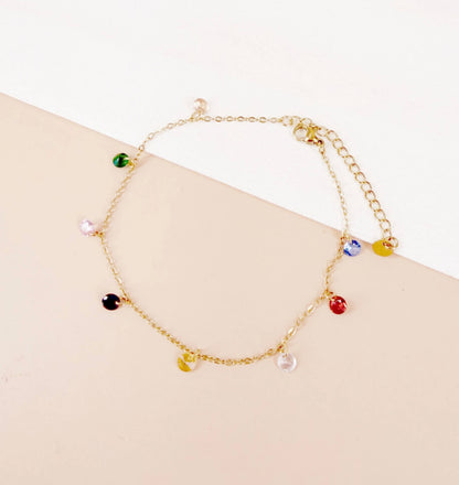 Chaîne cheville strass coloré doré