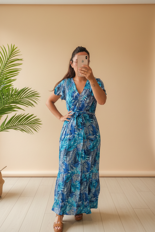 Robe tropical longue bleu