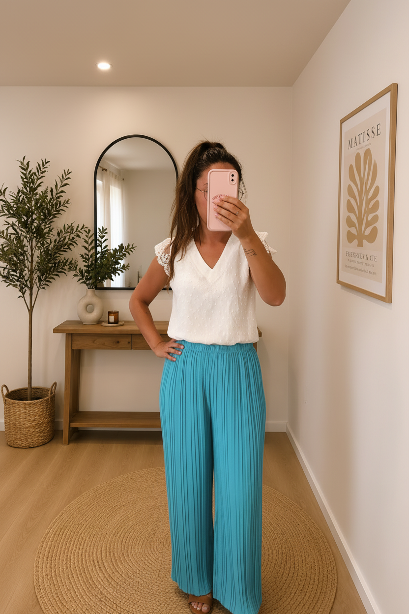 Pantalon plissée fluide bleu canard