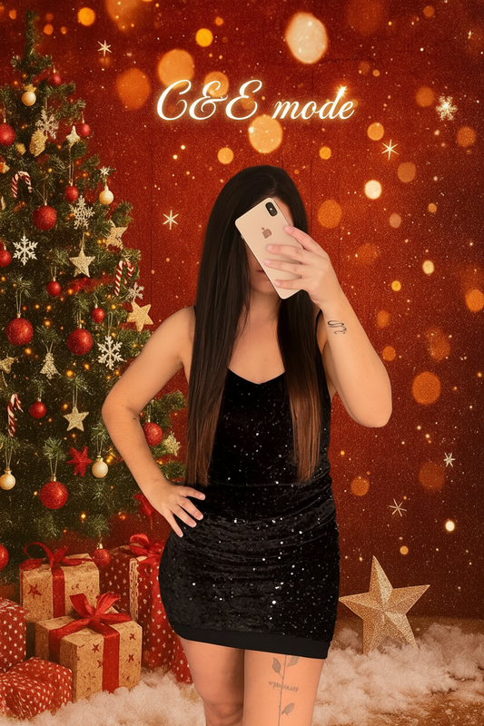 Top noir à bretelle en velours avec sequins