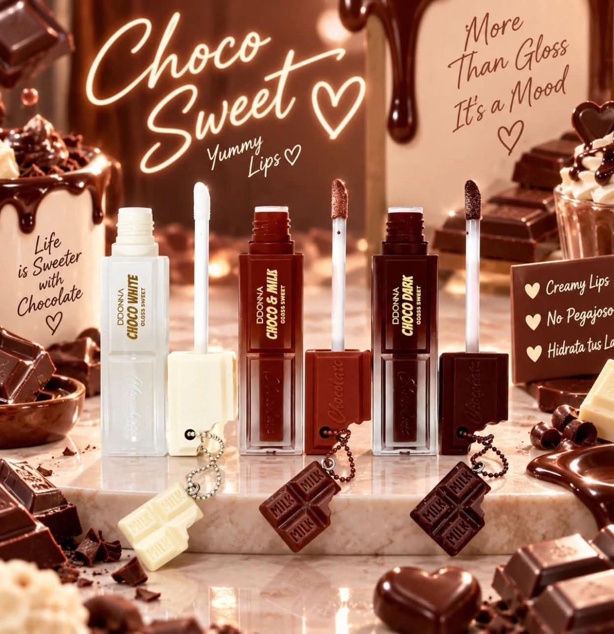 🍫 Gloss Sweet Choco – Chocolat Blanc, Lait & Noir – D'Donna